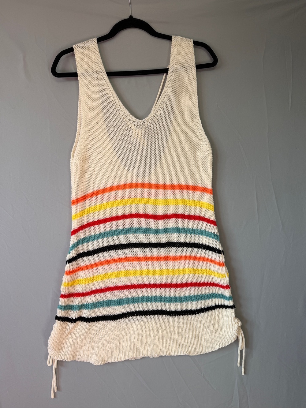 Womens Boho Rainbow Striped Crochet Swim Cover Up Size L V-Neck Beach Tropical